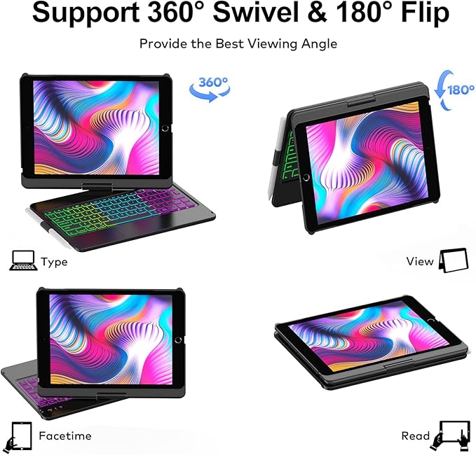 HOTLIFE Keyboard Case for iPad 10.2 9th/8th/7th Gen,Touch Keyboard for iPads 9th Generation/8th Gen/7th Gen-360° Rotatable Protective Cover-iPad Keyboard 9th/8th/7th Gen with Pencil Holder