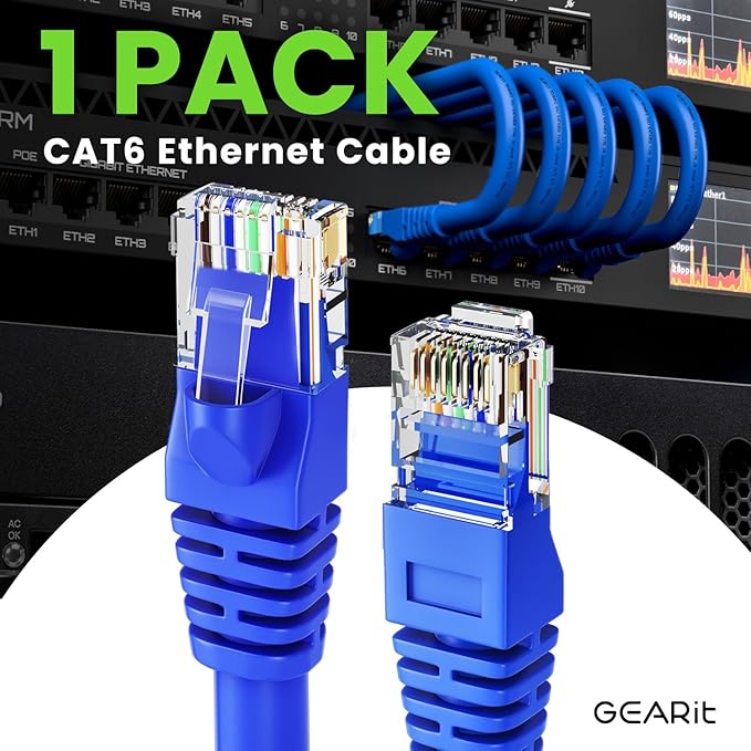GEARit Cat 6 Ethernet Cable (1-Pack 5 Feet) Cat6 Network Patch, 10Gbps, RJ45, Snagless Cord, Gold-Plated Connectors, Internet for PC, TV, Tablet, Router, Printer, Servers, IT Data Center - Blue