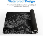 Japanese Gaming Mouse Pad Abstract Black Mouse Pad 31.5x11.8 Inch Black Sea Wave Texture Non-Slip Rubber Base Large Ocean Mousepad Stitched Edges Keyboard Mouse Mat Desk Pad for Office and Home