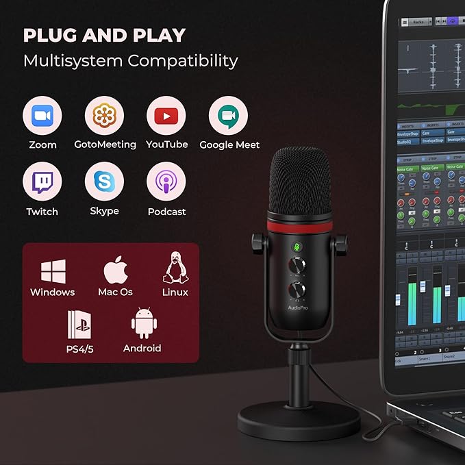 AUDIOPRO USB Microphone, Computer Condenser Gaming Mic for PC/Laptop/PS4/5, Headphone Output, Volume Control, USB Type C Plug and Play, LED Mute Button, for Streaming, Podcast, Studio Recording