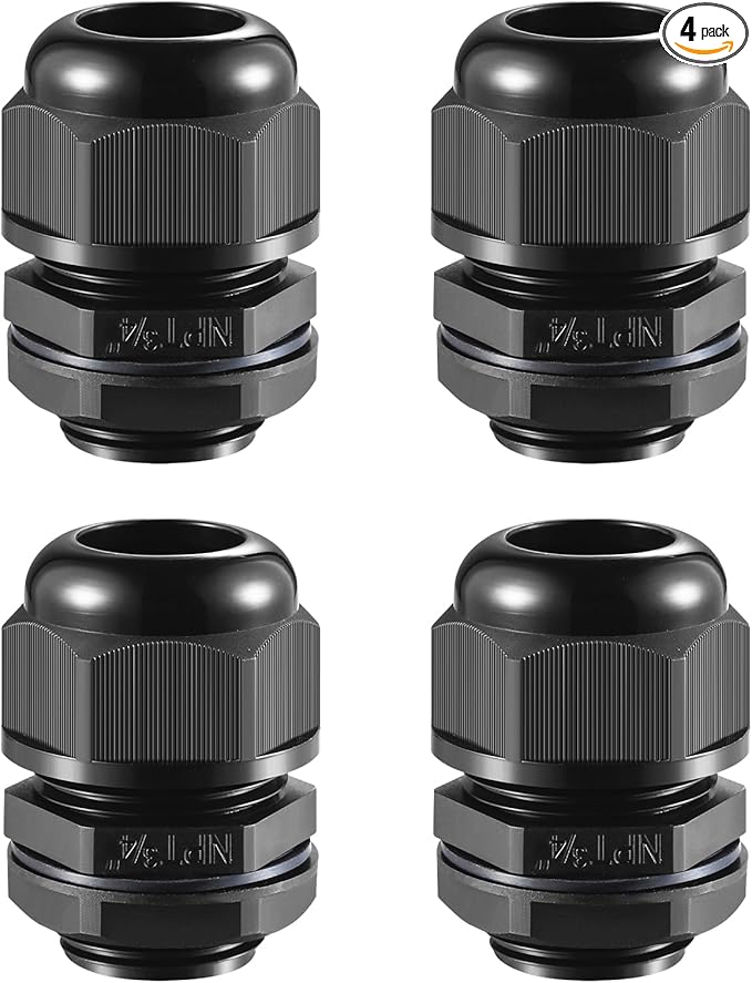 4 PCS 3/4"(12.5-18mm) NPT Nylon Cable Gland Joints with Gaskets, IP68 Adjustable Lock Nut Strain Relief Cord Grip Waterproof Cable Glands - UL Listed and RoHS Compliant