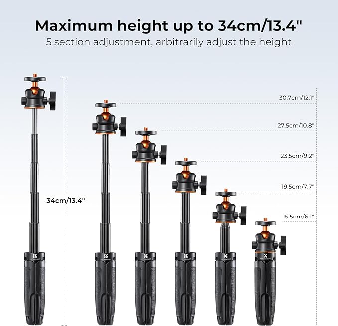 K&F Concept Selfie Stick Tripod, 360 Degree Rotation Mini Phone Stand with Ball Head and Cold Shoe Mount, Cellphone Holder with Wireless Remote for Smartphone Black
