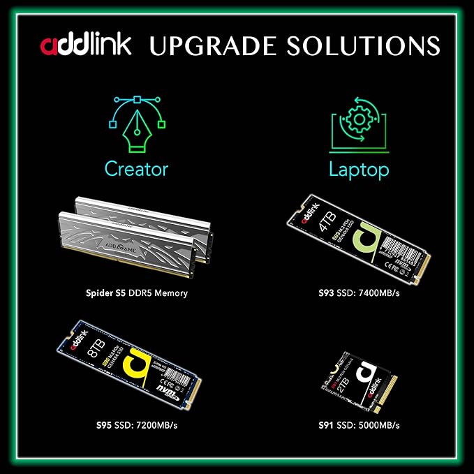 Addlink S93 4TB PCIe 4.0 M.2 Gen 4 Memory Expansion SSD, Up to 7400 MB/s, Internal Solid State Drive with HMB Technology for Laptop, Gaming and Creators