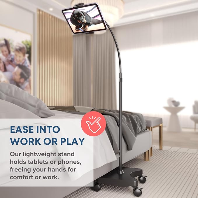 LEVO Adjustable Tablet & Phone Floor Stand with Multi-Axis Head, Hourglass Base & Locking Casters – Premium Rolling Gooseneck Mount, Stable Weighted Design, Fits Devices 4-13 Inch, Height 30-60 in