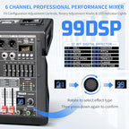 Audio Mixer, 6-Channel Professional DJ Mixer with 99-Bit DSP Effects, 7-Band EQ, 48V Phantom Power, MP3/Computer Input - Studio Audio Mixing Console for Recording & Live Performances
