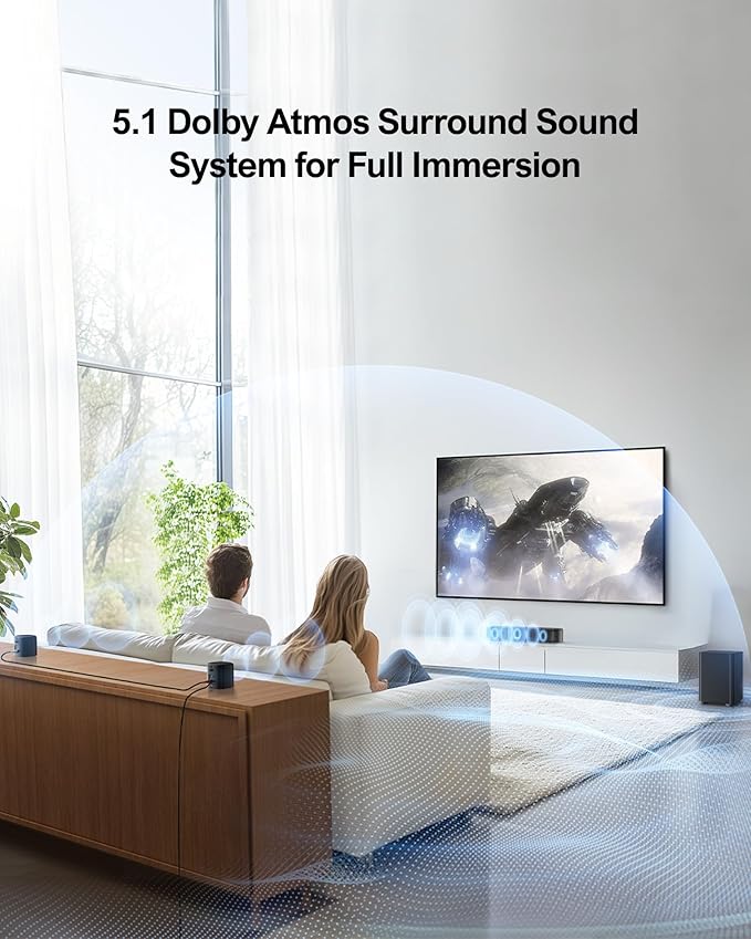 ULTIMEA 5.1ch Sound Bar with Dolby Atmos, Surround Sound System for TV, Sound Bar for Smart TV and Home Theater, App Control, TV Soundbar with Subwoofer, 2 Surround Speakers, HDMI eARC, Aura A50 Pro