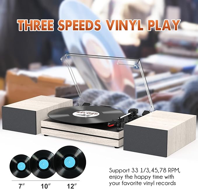 Record Player for Vinyl with External Speakers, Belt-Drive Turntable with Dual Stereo Speakers Vintage Vinyl LP Player Support 3 Speed Wireless AUX Headphone Input Auto Stop for Music Lover White