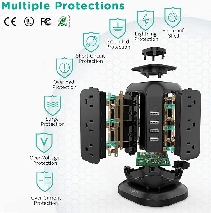 AiJoy Power Strip Tower 16.4 ft Cord, Surge Protector with 12 AC Outlet and 4 USB Ports, Charging Station Extension Cord with Multiple Outlets for Home, Office, Dorm Room Essentials black-15FT
