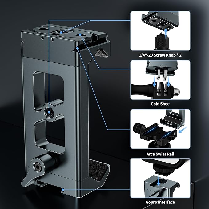 Metal Phone Tripod Mount Arca Port & Action Camera Adapter, Adjustable Smartphone Tripod Adapter Clamp Cell Phone Stand Holder Compatible with iPhone Plus PRO Max GoPro Samsung Galaxy Motorola Pixel