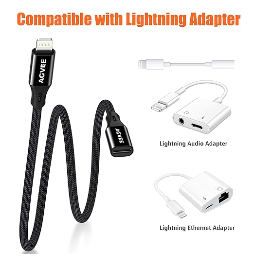 AGVEE 2 Pack 1ft Lightning Extension Cable, Braided Female to Male Extender Full Function Cord Compatible with iPhone iPad, Data Sync Video Audio & Charging Connector Adapter, Black