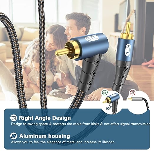EMK RCA Subwoofer Cable 90 Degree RCA to RCA Audio Cable 24K Gold-Plated Nylon Braided Double Shielded Digital Analogue Supports Amplifiers,Home Theater,Hi-Fi Systems,Subwoofer(50ft/15m)