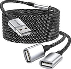 Durable USB A Male to 2 Female Extension Cord - Nylon Braided Splitter Cable for Printer, Keyboard, Flash Drive, Hard Drive, PlayStation