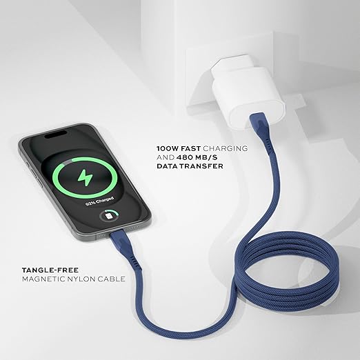 Statik MagStack Pro USB C to USB C Cable, Magnetic Type C Charger Fast Charging Cord, On The Go Magnetic Charging Cable for Car, Compatible with 16 Pro Max, 15, Galaxy S21 S20 Ultra, Navy 100W 3FT/1M
