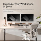 KIVY Dual Monitor Riser with Integrated Metal Shelf - Wooden desk shelf for top of desk - Wood monitor stand for desk 2 monitors / tv - Dual monitor stand riser for desk - Large walnut monitor stand