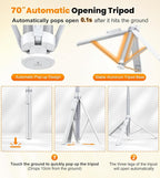 TONEOF 70" Automatic Tripod,Auto-Open Phone Stand with Magnetic Rechargable Remote,Selfie Stick 360° Vertical & Horizontal Rotatable,Stable Travel Tripod for iPhone/Android(White)