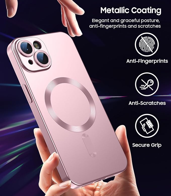 Magnetic for iPhone 15 Case [Compatible with MagSafe][Built-in Camera Lens Protector] Slim Soft Silicone Bumper Shockproof Metallic Shine Phone Case (Rose Gold)
