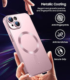 Magnetic for iPhone 15 Case [Compatible with MagSafe][Built-in Camera Lens Protector] Slim Soft Silicone Bumper Shockproof Metallic Shine Phone Case (Rose Gold)