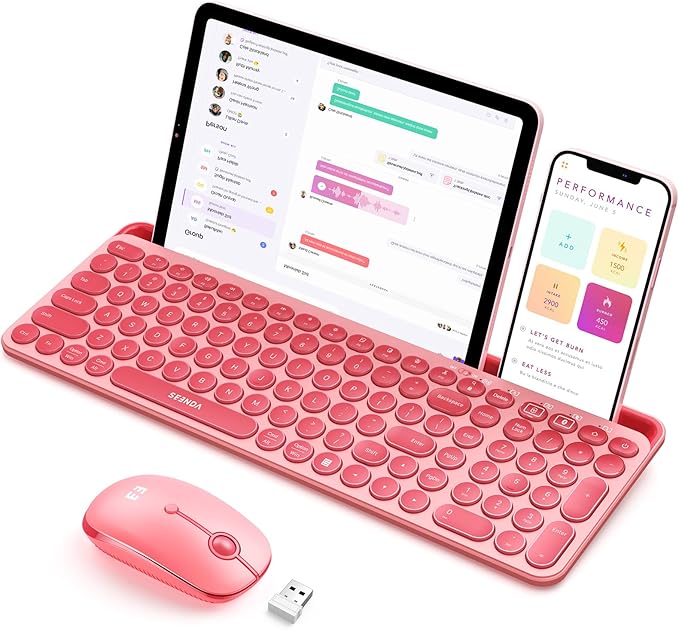 seenda Bluetooth Keyboard and Mouse for iPad, CTU-301 Multi-Device Bluetooth + 2.4G Wireless Keyboard Mouse with Tablet Holder for MacBook/Windows Computer, iOS/Andriod Tablet Phone, Coral Pink