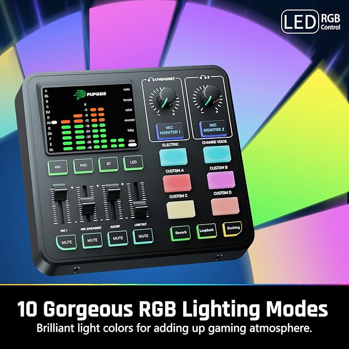 PUPGSIS Gaming Audio Mixer, Audio Interface for PC/Podcast/Streaming, Sound Board with 3.5mm/XLR Mic Input, 48V Phantom Power, Voice Changer, Live Sound Card with DJ Mixer Effects/Bluetooth/4 Channel