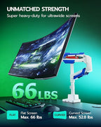 ARES WING Single Monitor Mount with USB, Ultrawide Monitor Arm for 24 to 57 Inch Heavy Duty Curved Screen, Adjustable Gas Spring Monitors Arm Stand up to 66LBS with 75/100/200 Vesa Mount, White