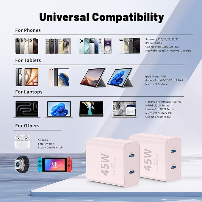 Super Fast Samsung Charger Type C,45W Dual Port USB C Fast Charger Block [2-Pack] & Extra Long 60W 3/6/6/10FT USB C Cable - PD Quick Charging 3.0 for Samsung Galaxy S25 Ultra/S24+/S23 iPhone 16