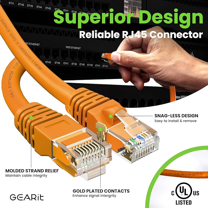 GEARit Cat 6 Ethernet Cable (10-Pack 3 Feet) Cat6 Network Patch, 10Gbps, RJ45, Snagless Cord, Gold-Plated Connectors, Internet for PC, TV, Tablet, Router, Printer, Servers, IT Data Center - Orange