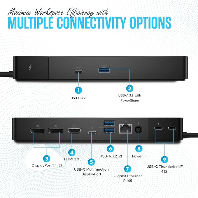 WD22TB4 Dell Thunderbolt 4 Dock 40Gbps USB-C/USB A - Dell Docking Station Dual Monitor with 180W, HDMI & DisplayPort Cable - Supports 4K Displays & Upto 3 Monitors (Renewed)