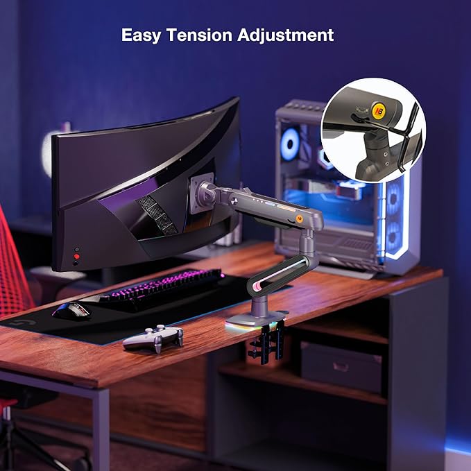 RGB Gaming Monitor-arm for Flat/Ultrawide/Curved Monitors 32 to 60 inch, Heavy Duty Stand Load up to 20 kg, VESA 75/100 mm Monitor-Mount F6-G