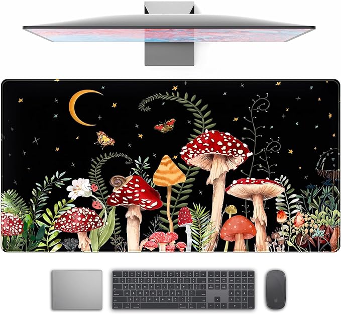 Ferns Leaves Cute Mushrooms Desk Mat Kawaii Green Plants Mouse Pad Xl Mat Large Gaming Desk Pad For Desk Decor Laptop Computer Keyboard Pad Desk Home Office For Women With Stitched Rounds 31.5x15.7 In