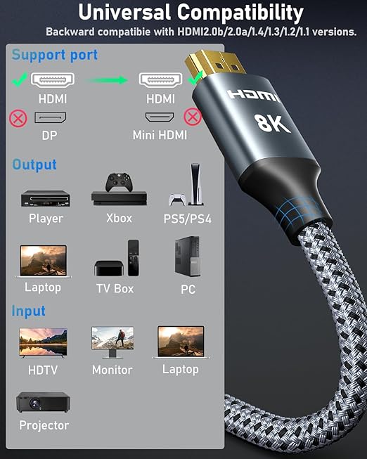 ARISKEEN 8K HDMI Cable 100FT, 48Gbps High Speed Fiber Optic HDMI 2.1 Cable, 8K 60Hz, 4K 120Hz Support for HDR 10, HDCP 2.2 2.3, Unidirectional Braided HDMI Cord Compatible with Laptop/HDTV - 100 Feet