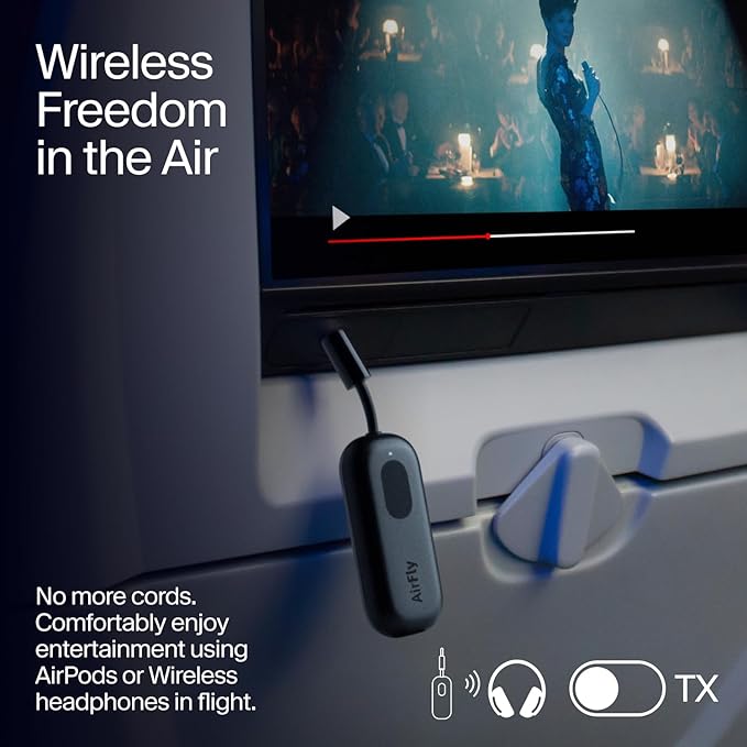 Twelve South AirFly Pro Bluetooth Wireless Audio Transmitter/Receiver for up to 2 AirPods/Wireless Headphones; Use with Any 3.5 mm Audio Jack, Black
