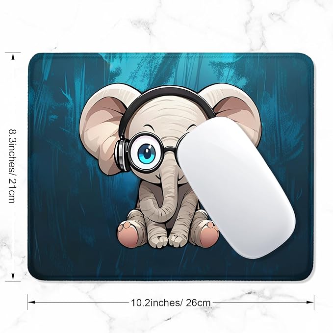 ITNRSIIET Mouse Pad with Stitched Edge Premium Textured Smooth Precise Operation Waterproof Washable Non-Slip Rubber Base Desktop Protection Mat, 10.2×8.3×0.12 inches, Pretty Elephant