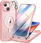 Miracase Glass Series for iPhone 15 Case [Compatible with MagSafe] Full-Body Magnetic Case with Built-in 9H Tempered Glass Anti-Fingerprint Screen Protector + Camera Lens Protector, Baby Pink