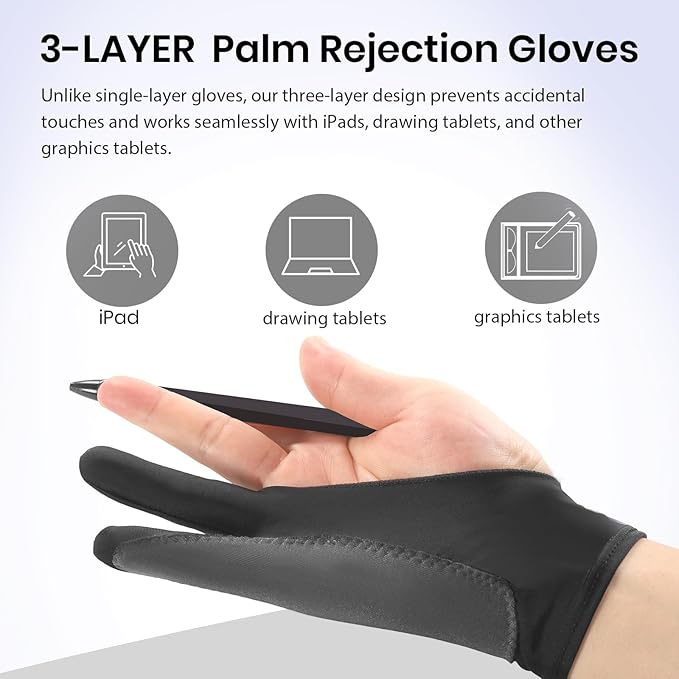 Digital Drawing Glove: 3-Layer Palm Rejection, Two-Finger Artist Glove for Drawing Tablet, iPad, Paper Sketching, Fits Left and Right Hand, Includes Cleaning Cloth (2-Pack, Medium, Black)