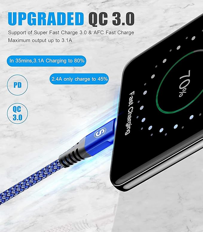 sweguard USB Type C Charger Cable [3-Pack,10ft+6.6ft+3.3ft] iPhone 15 Charger Nylon Braided Cord for iPhone 15 Pro Max Samsung Galaxy S23 S22 S21 S20 S10 Note 20 10 Flip A53 A54 Pixel LG Moto PS5-Blue