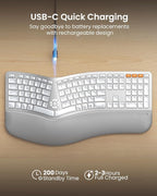 ProtoArc Backlit Bluetooth Ergonomic Keyboard, EK01 Plus Full Size Wireless Split Keyboard with Dual Bluetooth and USB, Cushioned Wrist Rest, Rechargeable, for Windows/Mac/Android, White and Silver