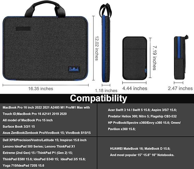 Laptop Case 15.6 Inch Briefcase Military-Grade Protection with Detachable Belt Bag, Compatible All Model of 15-16 Inch MacBook Pro and Most Popular 15.6 Inch Notebooks Chromebooks (Black Blue)