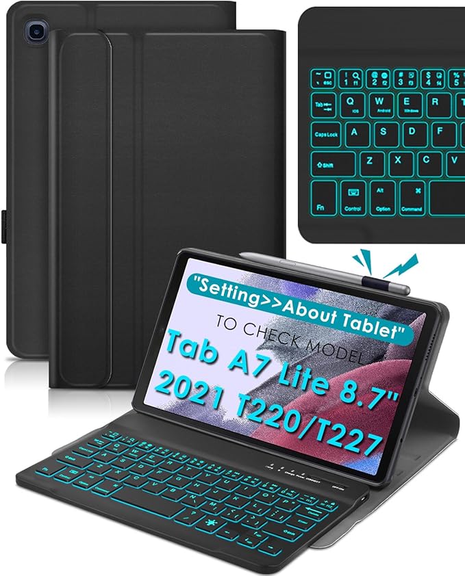 DETUOSI Backlit Keyboard Case for Samsung Galaxy Tab A7 Lite 8.7" 2021 (SM-T220/T227U) with S Pen Holder, 3 Viewing Angles Folio Leather Book Cover with Magnetic Closure + Wireless Keyboard Detachable