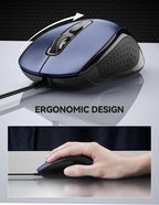 TECKNET USB Wired Mouse, 3600DPI Corded Computer Mouse with 4 Adjustable Levels, 6-Button 5FT Cord Ergonomic Mice, Home and Office Mouse for Laptop PC Desktop Notebook - Blue