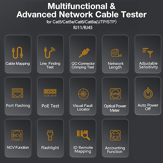 10 in 1 Network Cable Tester with 7 Wavelengths OPM 10Km/10mW VFL 600M Measurable Length 100 Records Tool Kit for CAT5 CAT6 Telephone Ethernet RJ11 RJ45 PoE Wire Tracer NCV, Red