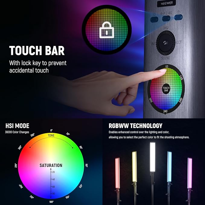NEEWER RGB Light Wand with 2.4G/APP Control, Upgraded 360° Touchable RGBWW Hue Mixer Photography Handheld LED Video Lighting Stick with 2500K-10000K, CRI/TLCI97+, 18 Scenes, 7.4V/31Wh Battery, BH-30S