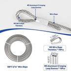 TooTaci 3/16" Stainless Steel Cable, 50ft Wire Rope with Aluminum Crimping Sleeve&Thimbles, 7x19 Strands, 3700lbs Breaking Strength Heavy Duty Aircraft Cable for Zipline, Deck Railing, Shade Sail