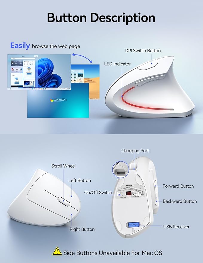 TECKNET Ergonomic Mouse Wireless, Rechargeable Mouse Wireless Silent for Carpal Tunnel Right Hand, 2.4GHz USB Vertical Mouse Wireless for Laptop, 5 Adjustable 4800 DPI, Computer, MacBook, Desktop