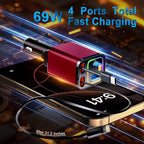 [2025 Mirco-Version] 4 in 1 Retractable Car Charger,69W Car Charger USB C,Cigarette Lighter Adapter,Fast Charging for iPhone 16e/16/15/14,13,Android (Red, for Lightning+USB-C)