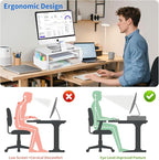 AUPSEN White Monitor Stand Riser, 2-Tier Wood Computer Desk Organizer with Drawer, Pen Storage & Phone Holder, Office Desk Accessories Desktop Organizer for Office Supplies