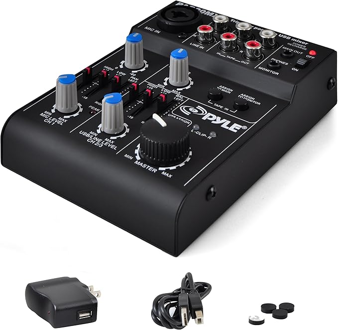 Pyle 5-Channel Professional Audio Mixer DJ Sound Board – Compact Music Mixer with USB Interface, EQ Controls, XLR Mic Input, 18V Phantom Power, Rechargeable Battery – USB/Line/Master Controls