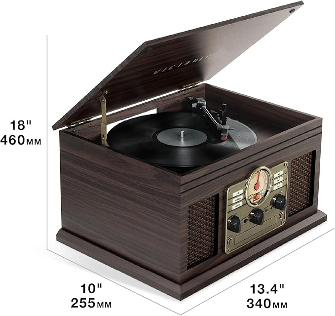 Victrola The Quincy 6-in-1 Bluetooth Record Player & Multimedia Center with Built-in Speakers – 3-Speed Turntable, CD & Cassette Player, AM/FM Radio, Wireless Music Streaming (Grey Wood)