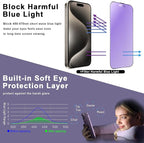 2 Pack Anti Blue Light Matte Screen Protector for iPhone 14 Pro Max/iPhone 15 Plus/iPhone 16 Plus, 9H Tempered Glass, Full Cover, Anti-Fingerprint, Auto Dust-Elimination, No Bubble, Easy Installation