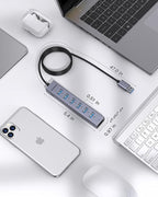 FORIDA Aluminum Alloy 8 Port USB Hub Long Cable USB Splitter with 7-USB3.0 Data Ports and TypeC 5V/3A Power Port Compatible with MacBook, Laptop,Surface Pro, PS5, PC and More (Gray, USB A-47in)