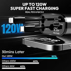 120W Retractable Car Charger 4-in-1 USB-C & Lightning Cable – Fast Charging Adapter for iPhone 16/15/14, Samsung, Android | USB Type-C Port + LED Voltage Display | Multi-Device Car Charger